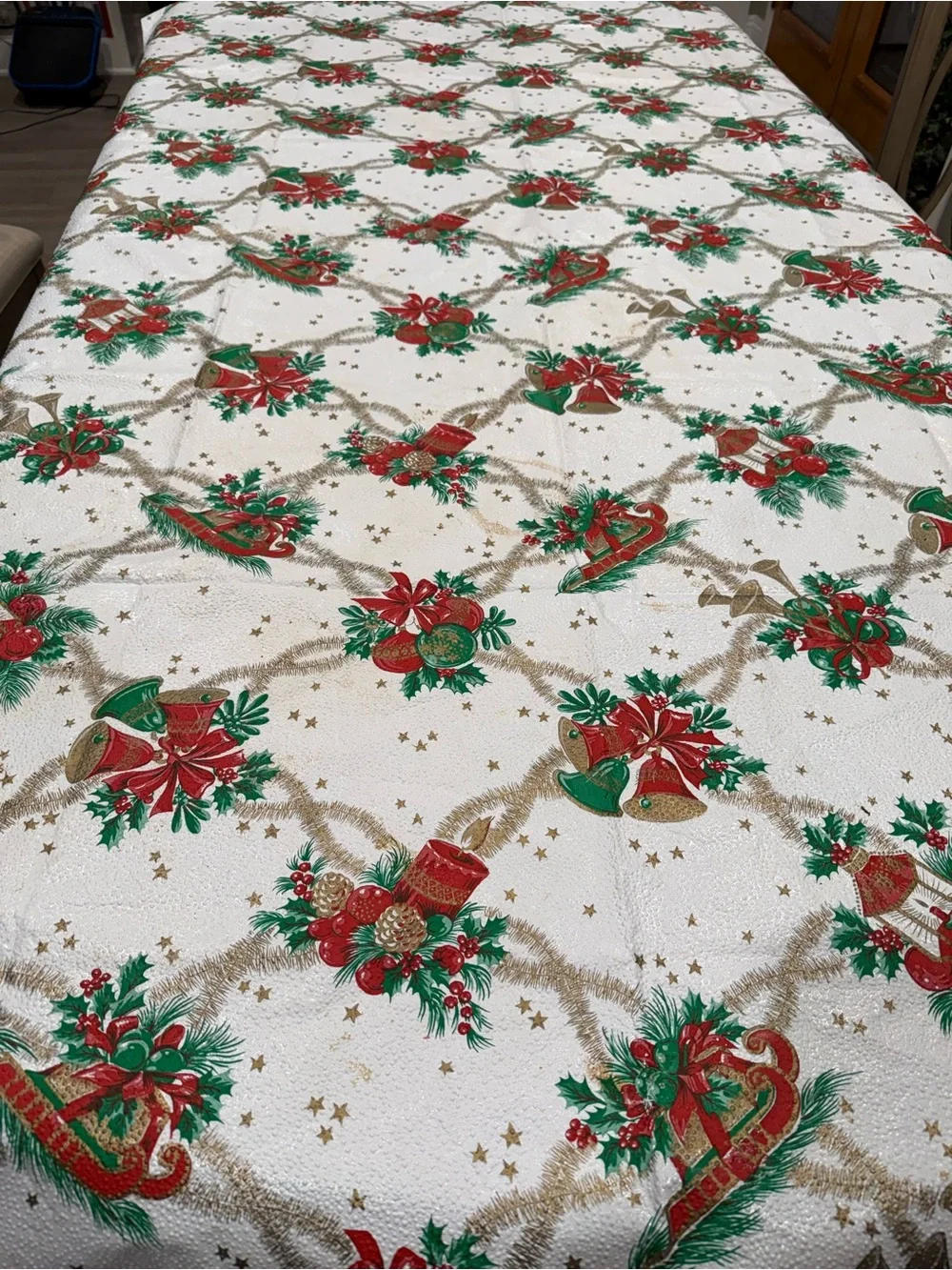 Vintage Christmas Plastic Table Cover Size  54X90 Mid-Century Kitsch Holiday